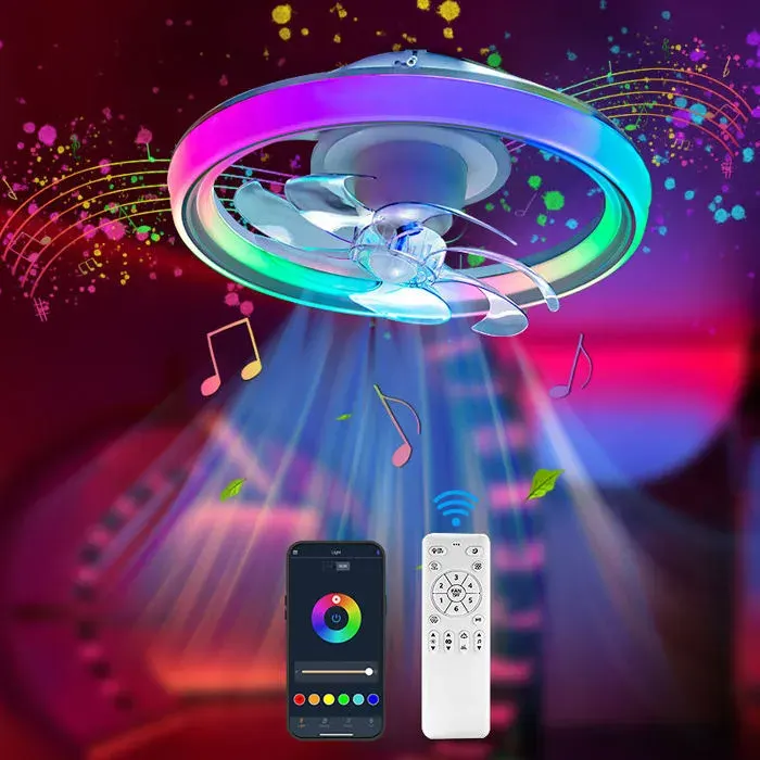 Ventilateur de plafond LED – RGB télécommandé silencieux 6 vitesses – pour chambre salon – 48cm Blanc