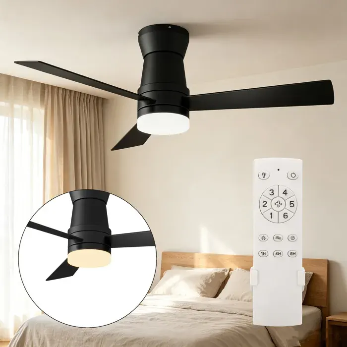 Ventilateur de Plafond LED Silencieux - 6 Vitesses -Écoénergétique 15W - Anti-Humidité - ventilateur plafond reversible - Noir