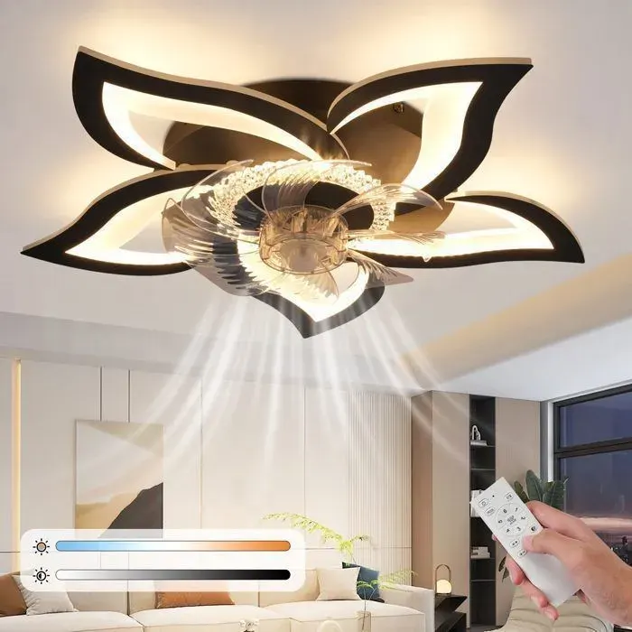 Ventilateur de plafond LED silencieux NETTLIFE Design Floral Noir 3000-6500K Télécommande Minuterie 6 Vitesses Chambre Salon