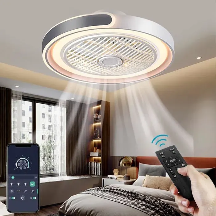 Ventilateur de plafond LED silencieuxtélécommandelumière réglable6 vitesses réversiblespour chambresalondesign gris moderne
