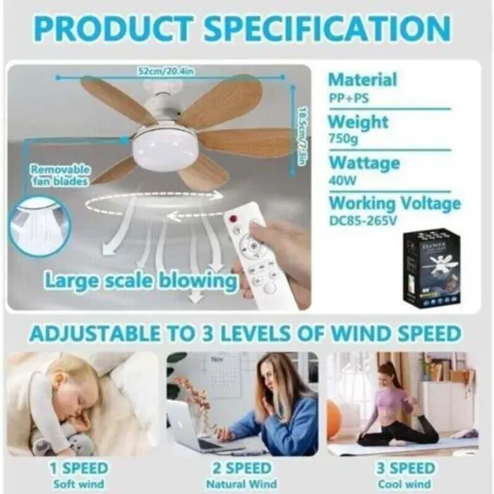 Ventilateur de plafond - Lumière LED dimmable 6 pales - Température 3000K 6000K