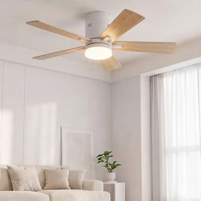 Ventilateur de Plafond Lumineux - 42 / 106cm - 5 Pales en Bois avec Éclairage LED Tricolore et Télécommande - Bois Naturel