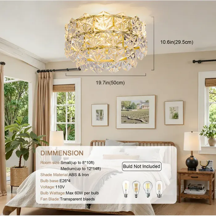 Ventilateur de plafond lumineux 50 cm style lustre en cristal doré 6 vitesses réversible application et télécommande ORVRYN