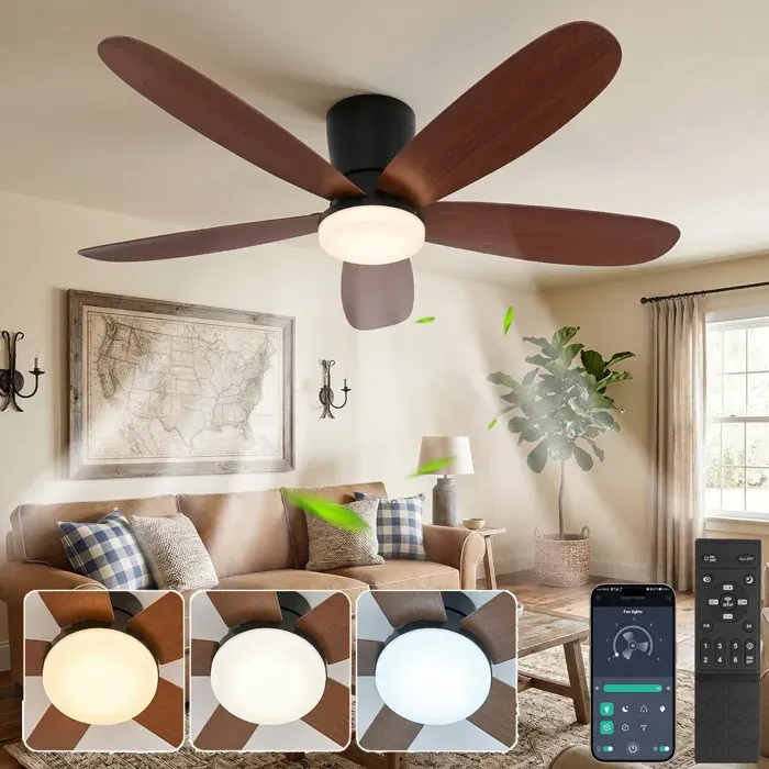 Ventilateur de plafond lumineux LED 106 cm moteur DC silencieux avec télécommande et appli couleur noyer