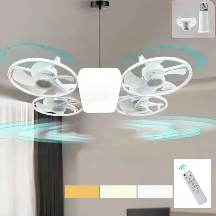 Ventilateur de plafond lumineux LED3 modes de couleur réglables E27 basetélécommandetige dextensionBlanc