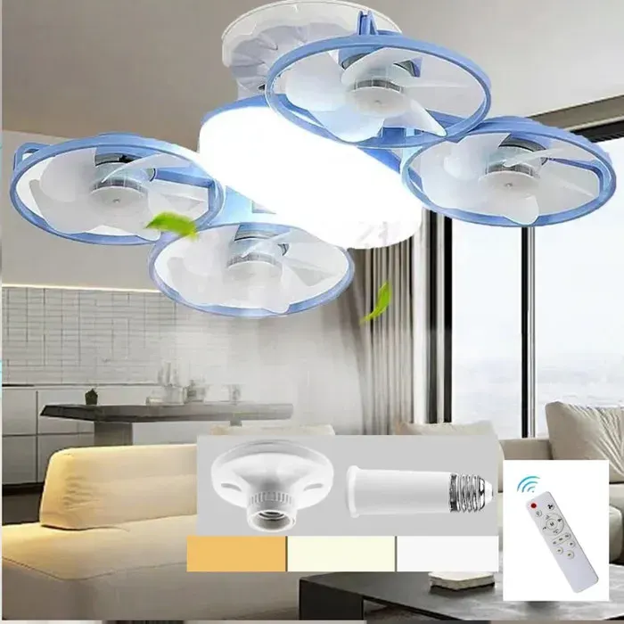 Ventilateur de plafond lumineux LED3 modes de couleur réglables E27 basetélécommandetige dextensionBleu