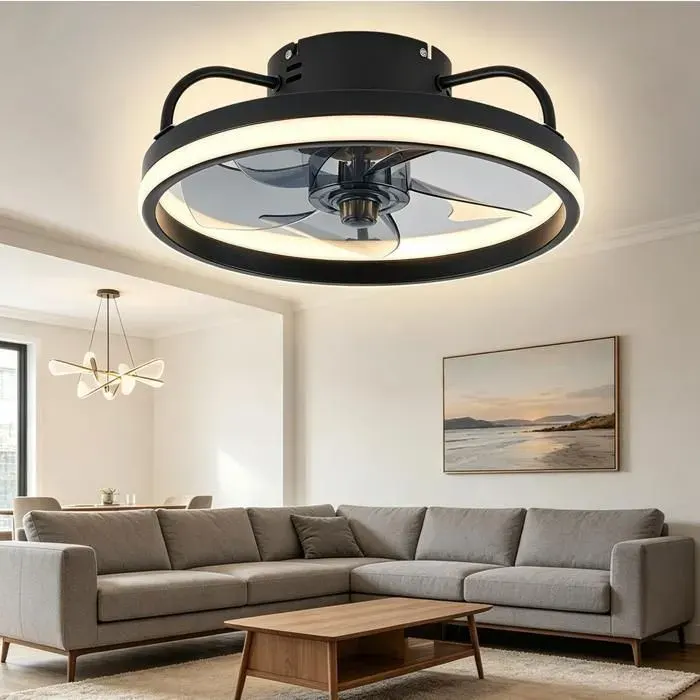 Ventilateur de plafond moderne avec éclairage LED 3 températures couleur 6 vitesses minuterie intelligente et télécommande 33cm — coloris Noir