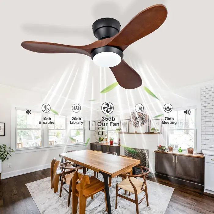 Ventilateur de plafond moderne avec éclairage télécommande 3 pales en bois massif 3 températures de couleur au choix 6 vitesses