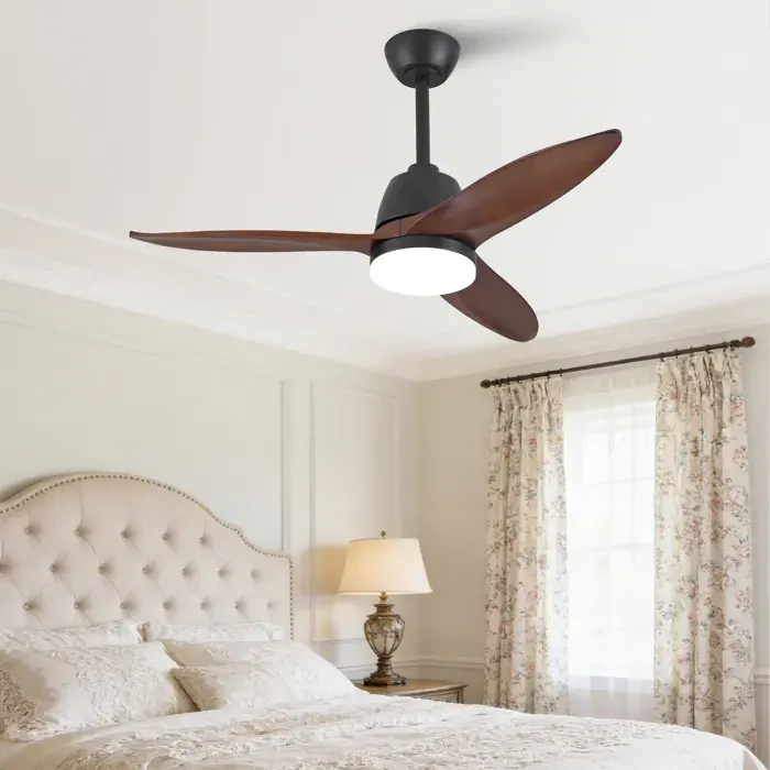 Ventilateur de plafond noir 107 cm moderne avec lumière LED 3 couleurs pales en bois massif moteur DC réversible et télécommande