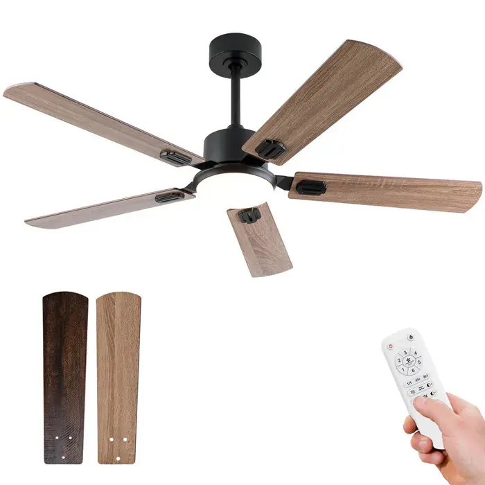 Ventilateur de plafond noir 52 pouces avec lumière LED et télécommande Moteur DC silencieux 6 vitesses réversible