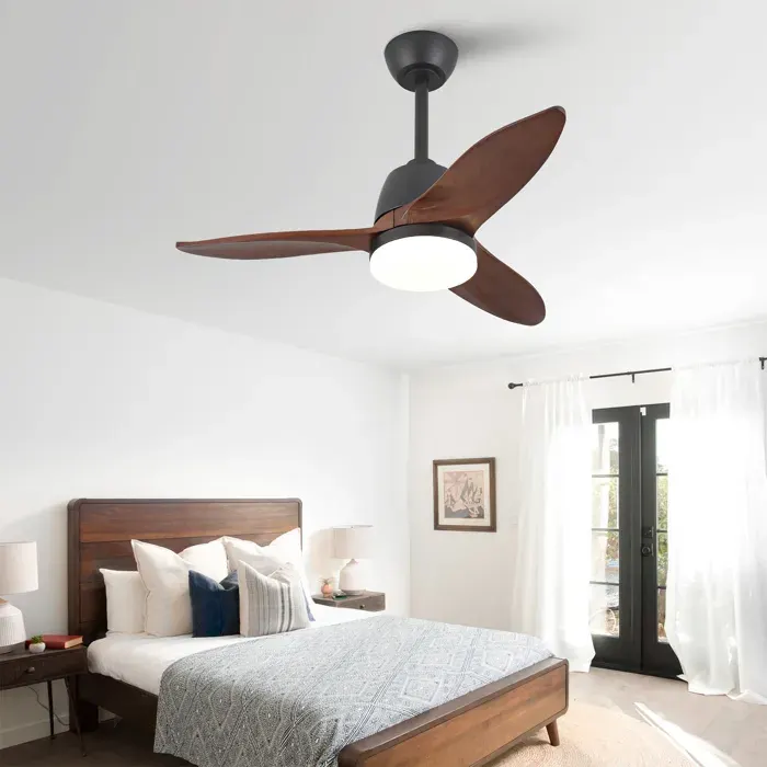 Ventilateur de plafond noir 92 cm avec lumière LED dimmable pales en bois massif moteur DC réversible silencieux et télécommande