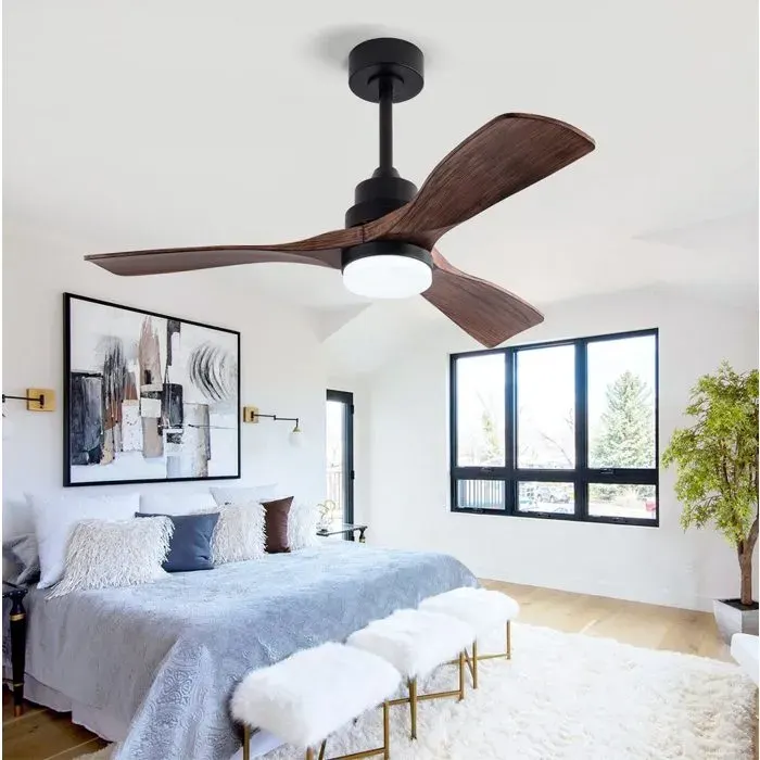 Ventilateur de plafond noir et bois noyer 107 x 107 x 34 cm avec lumière LED 20W télécommande 6 vitesses