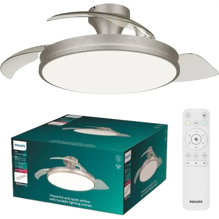 Ventilateur de plafond - Philips - Atlas - Pales rétractables - Diamètre 106 cm - Nickel - LED intégrée + télécommande