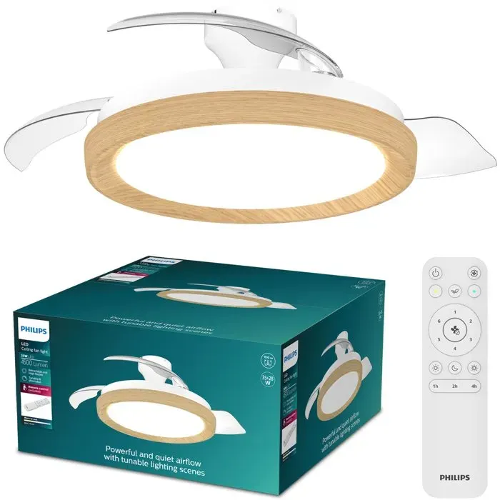 Ventilateur de plafond - Philips - Bliss - Pales rétractables - Diamètre 106 cm -Bois - LED intégrée + télécommande