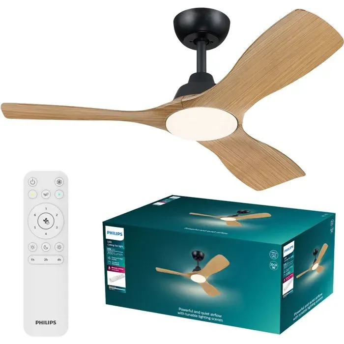 Ventilateur de plafond - Philips - Olas - Pales fixes - Diamètre 106 cm - Noir/Bois - LED intégrée + télécommande