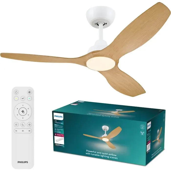 Ventilateur de plafond - Philips - Olas - Pales fixes - Diamètre 132 cm - Blanc/Bois - LED intégrée + télécommande