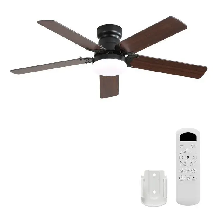 Ventilateur de plafond plat 106cm - Lampe LED 3 couleurs dimmable - 5 pales MDF - reversible - 6 vitesses - Minuterie - Noyer
