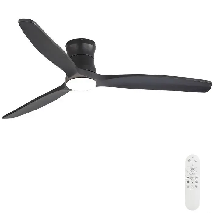 Ventilateur de plafond plat 132 cm avec LED intégrée télécommande moteur DC 3 pales en bois massif noir — coloris Blanc