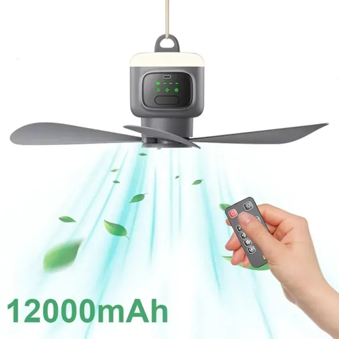 Ventilateur de Plafond Portable 12 000 mAh avec Lumière LED et Télécommande 4 Vitesses et Minuterie pour Chambre Camping Tentes