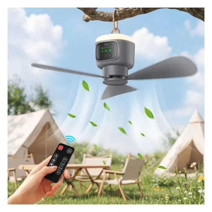 Ventilateur de Plafond Portable avec Lumière LED Rechargeable 12000mAh Télécommande 4 Vitesses Ø45cm pour Tente Terrasse et Ca — coloris Gris