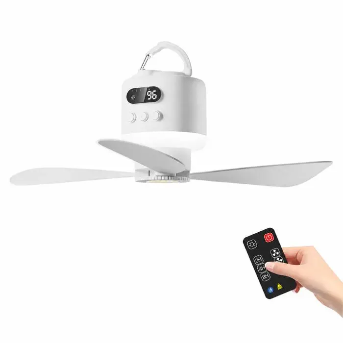 Ventilateur de Plafond Portable avec Télécommande et Éclairage 3 Vitesses Réglables 3 Luminosité Silencieux pour Tente Camping