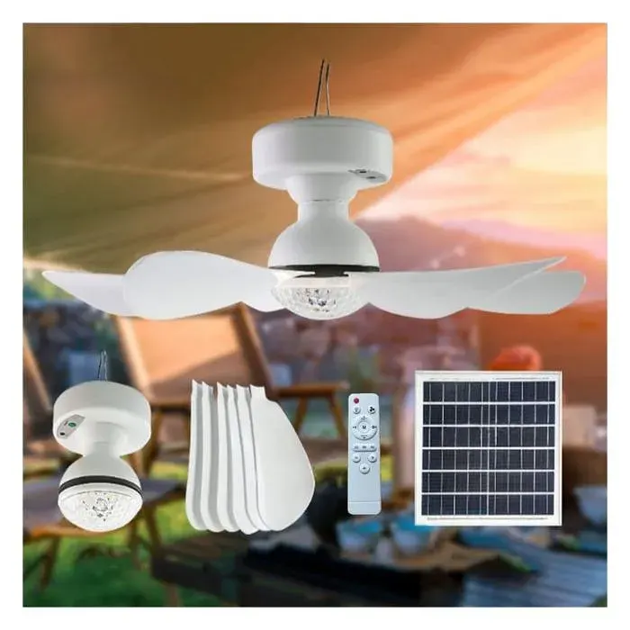 Ventilateur de plafond portable et amovible avec télécommande à charge solaire 12W,trois vitesses lumière chaude et lumière blanch