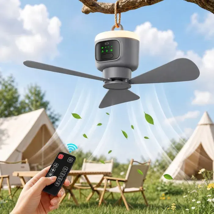 Ventilateur de plafond portable pour camping avec éclairage LED - Ø 45 cm - 12 000 mAh - Télécommande - 4 vitesses de ventilation