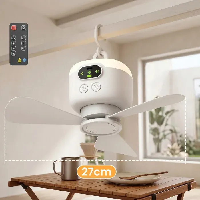 Ventilateur de plafond portable rechargeable à quatre vitesses avec lumière LED 27 cm avec télécommande gris clair