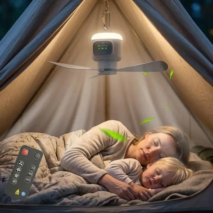 Ventilateur de plafond portable rechargeable à quatre vitesses avec lumière LED 45 cm avec télécommande adapté au camping gris