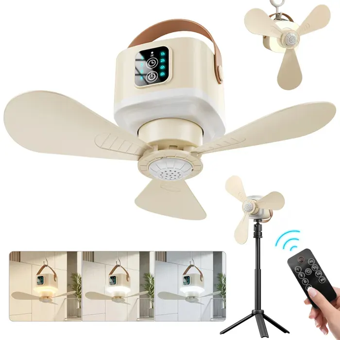 Ventilateur de plafond portable rechargeable avec lumière LED avec télécommande et pied design anti-moustiques beige clair