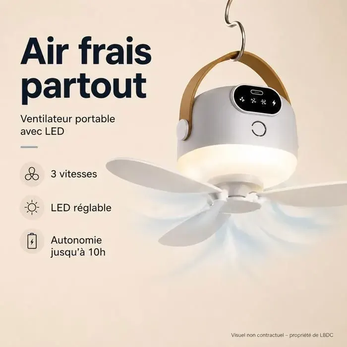 VENTILATEUR DE PLAFOND PORTABLE RECHARGEABLE USB-C AVEC TÉLÉCOMMANDE LUMIÈRE LED 3 VITESSES ET BATTERIE 8000mAh_ LBDC®