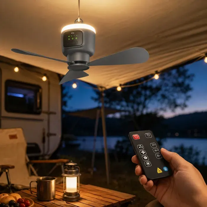 Ventilateur de Plafond Portable sans Fil 45cm 12000mAh 4 Vitesses avec Télécommande et Lumière LED - Gris Foncé