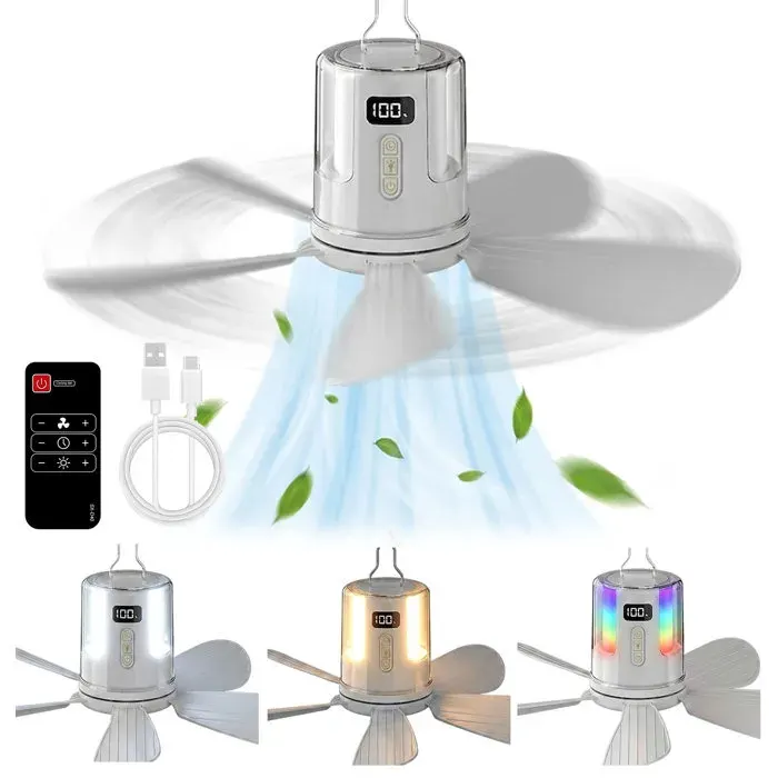 Ventilateur de Plafond pour Camping 4 vitesses Rechargeable 10800 mAh LED Ventilateur avec télécommande