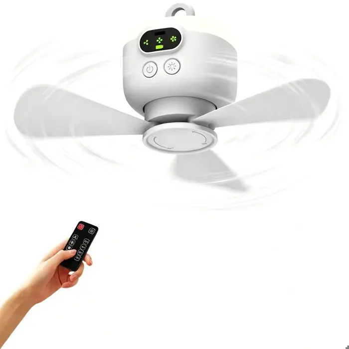 Ventilateur de Plafond Rechargeable avec Veilleuses et Télécommande Capacité de 8000mAh 3 Vitesses pour la Randonnée Camping Maison