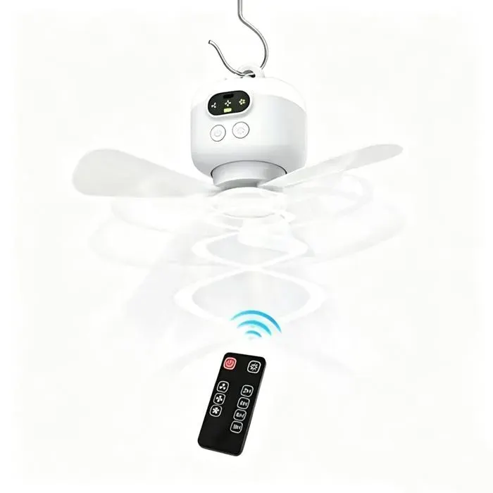 Ventilateur de Plafond Rechargeable par USB 27 cm - 3 Vitesses - Éclairage de Nuit - Minuterie - Ventilateur dextérieur Domestique