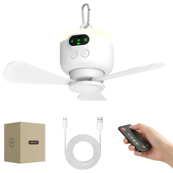Ventilateur de plafond rechargeable USB de grande taille avec pales détachables veilleuse intégrée batterie de 8000 mAh pour