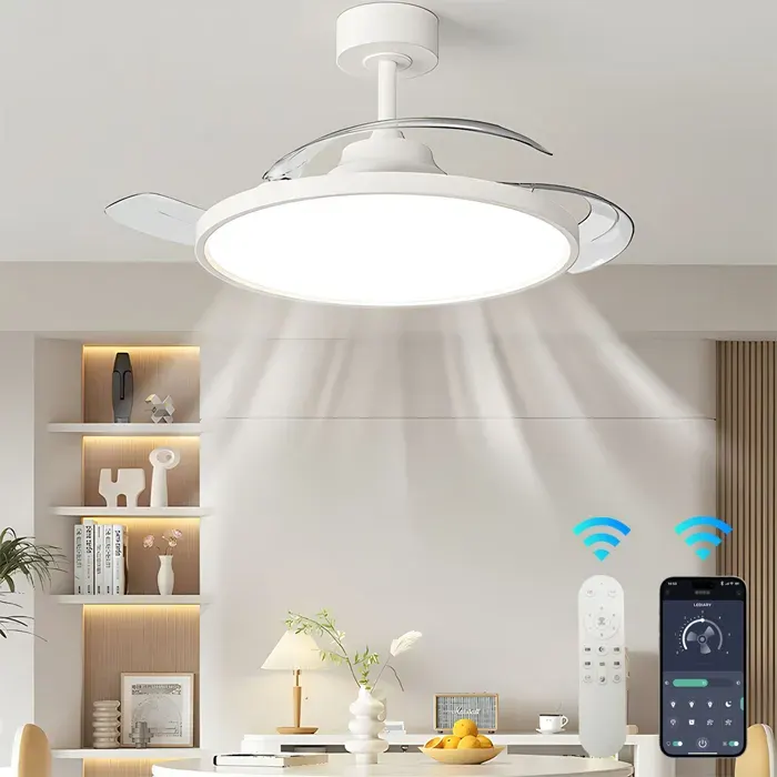 Ventilateur de Plafond Rétractable 105 cm avec Lumière et Télécommande 6 Vitesses Moteur Réversible Silencieux pour Chambre Salon