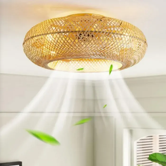 Ventilateur de Plafond Rétro en Bambou 6 Vitesses Silencieux Lumière Suspension Vintage pour Chambre Salon Salle à Manger Cuisine