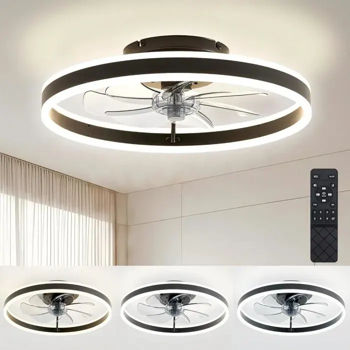 Ventilateur de plafond réversible 50 cm - 7 pales silencieuses avec télécommande et lampe intégrée dimmable — coloris Noir