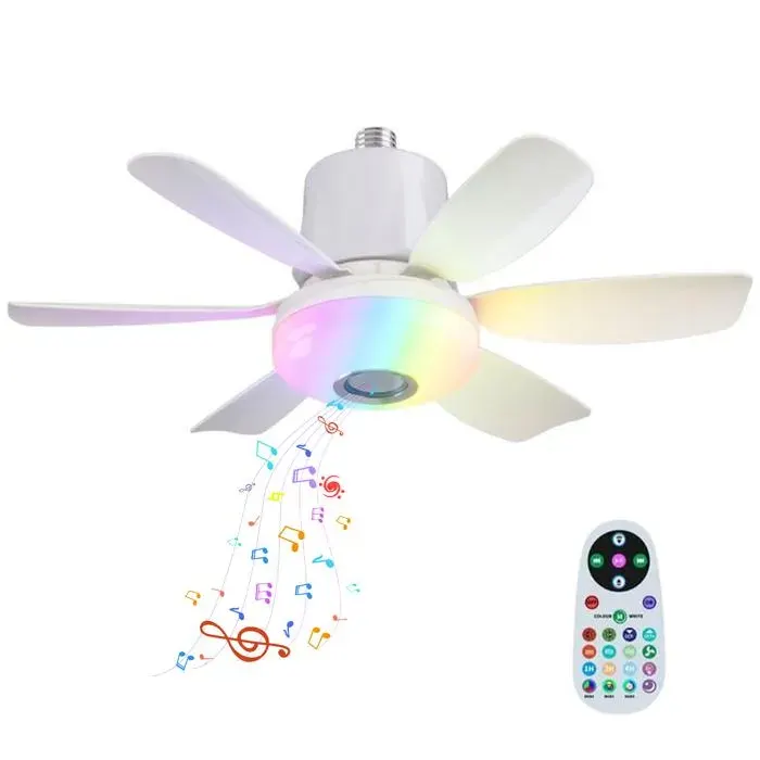 Ventilateur de Plafond RGB 47cm avec Éclairage 3 Vitesses Intensité Variable Lecteur de Musique Bluetooth Intégré pour Salon Chambre