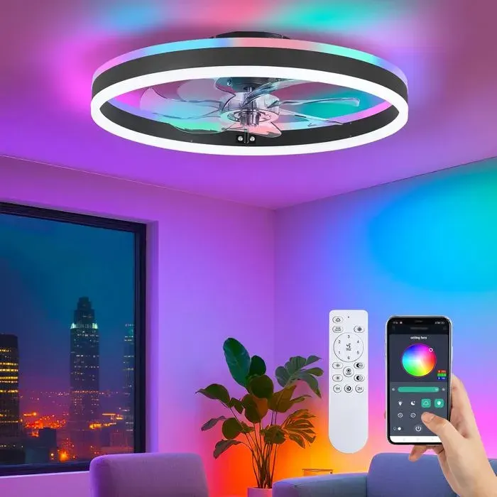 Ventilateur de plafond RVB avec éclairage suspension discrète de 40 cm avec télécommande et application noir