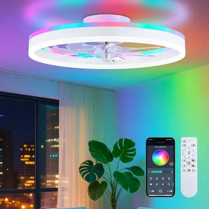 Ventilateur de plafond RVB avec éclairage suspension discrète de 40 cm avec télécommande et contrôle par application blanc