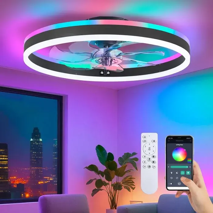 Ventilateur de plafond RVB avec éclairage suspension discrète de 50 cm avec télécommande et application noir