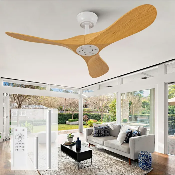 Ventilateur de Plafond sans Éclairage avec Télécommande et Moteur DC Réversible en ABS Blanc et Bois Naturel - UVRION 1067 cm