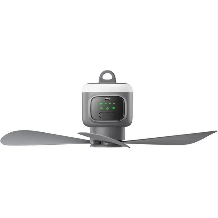Ventilateur de plafond sans fil extérieur avec télécommande - batterie 12000 mAh lumière LED 4 vitesses minuterie 45 cm — coloris Gris