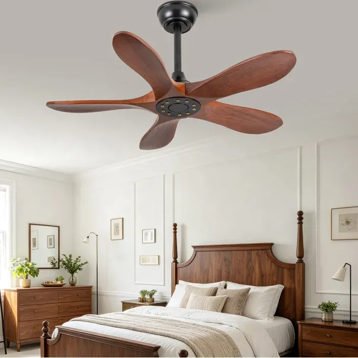 Ventilateur de plafond sans lumière 5 pales en bois massif 6 vitesses réversible télécommande minuterie 90 cm - UVRION