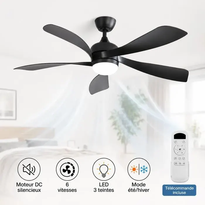 Ventilateur de plafond silencieux 131 cm avec LED télécommande 6 vitesses dimmable Noir ventilateur plafonnier