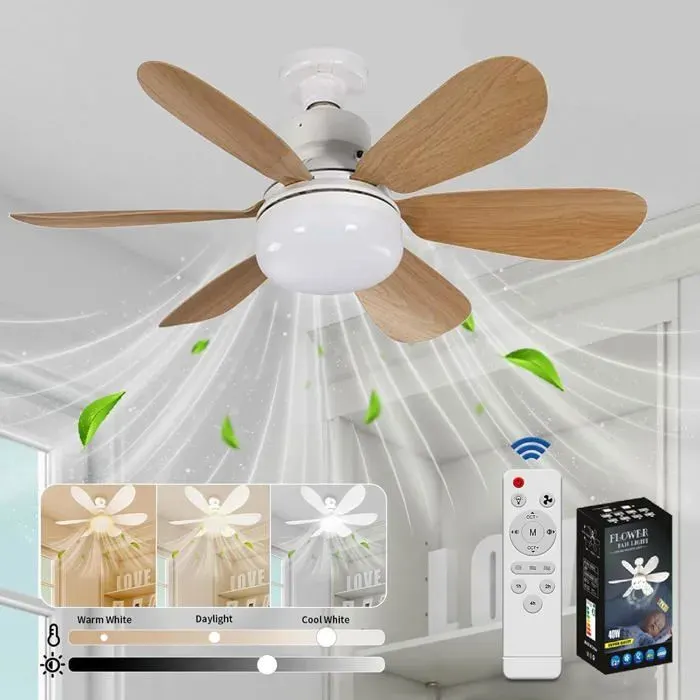 Ventilateur de plafond silencieux 40 W – Ampoule E27 – 6 pales – 3 vitesses – Convient au salon ou à la chambre –Finition effet bois