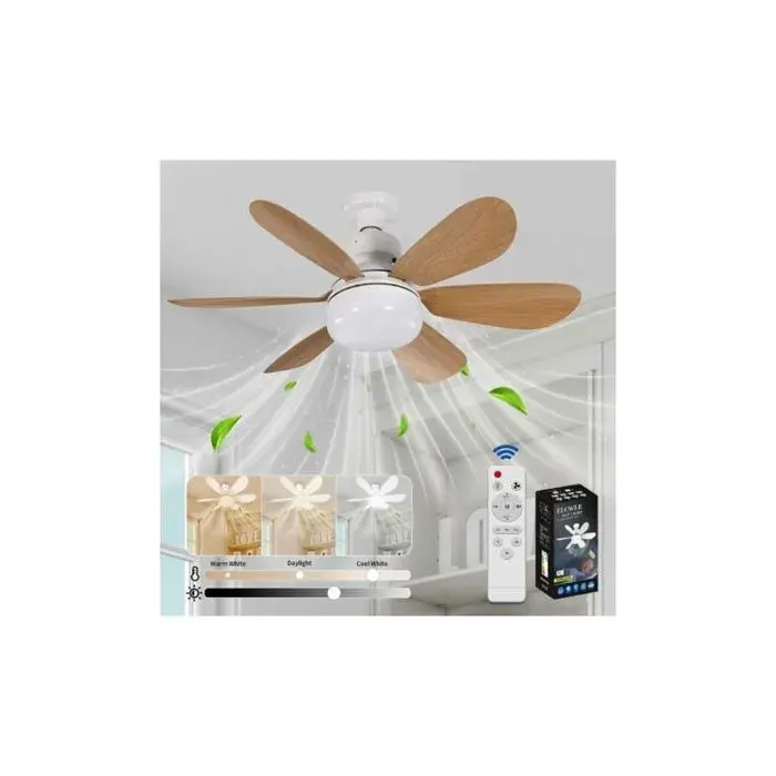 Ventilateur de plafond silencieux 40W avec douille E27 6 pales 3 vitesses finition grain bois pour salon chambre