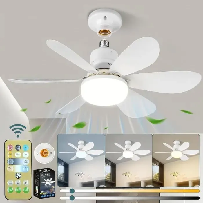 Ventilateur de plafond silencieux 40W avec lampe douille E27 6 pales 3 vitesses idéal pour salon et cham VENTILATEUR DE YYV